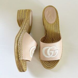 Gucci GG Pink Metallic Gold Espadrille Sandals Mules Slides Size EU 37